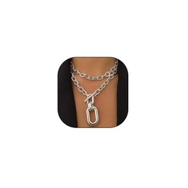 Layered Chunky Gold Chain Choker Necklace Set for Women Silver Paperclip Link Pendant Necklaces Punk Statement Carabiner Necklaces Jewelry (Silver)