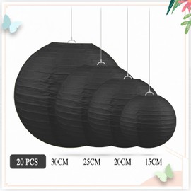 Jangostor Pack of 20 Black Paper Lanterns, Round Paper Lanterns, Hanging Paper Lanterns, 15 cm, 20 cm, 25 cm, 30 cm, Various Sizes, Lampshade for Weddings, Birthdays, Celebrations, Garden