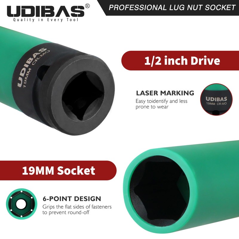 19mm 1/2-Inch Drive Extra Long Impact Lug Nut Socket,Deep,Metric,with Protective