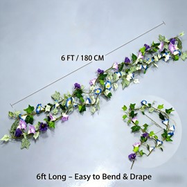 6ft Artificial Flower Garland, Blue & Purple Morning Glory Hanging Garland, Faux Ivy Floral Garland, 1 Blue + 1 Purple, 2 Pack for Home Wedding Party Wall Decor