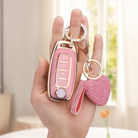 Vicoca for Nissan 4 Buttons Key fob Cover with Diamond Heart Keychain, Car Accessories TPU for Rogue SL Ariya FWD Pathfinder X-Trail Sentra SV 2023 2024 2025 285E3-7LA6A, Gold Pink