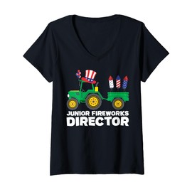 Womens 4th Of July Fireworks Tractor Farm Boys Patriotic Farmer V-Neck T-Shirt
