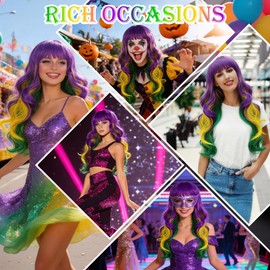 rookea Mardi Gras Long Wavy Wigs for Women, Colored Funny Curly Wig Purple Yellow Green Mix Hair with Hair Cap for Mardi Gras Carnival Parades Fancy Dress Music Festival Cosplay Party Costume