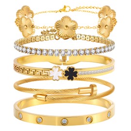 Camhanno 18K Gold Plated Bracelet Set for Women, Stainless Steel Bangle Set with Four Leaf Clover, Crystal Rhinestone Lucky Charm Jewelry, 5-Piece (Gold Clover Bracelet Collection)