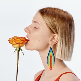 CALORVIA Bohemian Large Long Tassel Beaded Dangle Earrings Native Handmade Boho Statement Big Fringe for Women (Colorful)