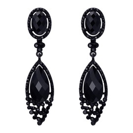BriLove Women's Fashion Wedding Bridal Jewelry Crystal Teardrop Chandelier Dangle Clip-On Earrings Black Black-Silver-Tone