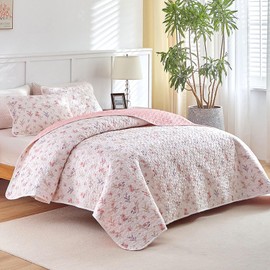 Joyreap 2pcs Cotton Quilt Set for Girls, Twin Size Pink Flowers Floral Design, Cozy Lightweight Quilt Bedspread Bed Cover for All Season, 1 Quilt and 1 Pillow Sham- 68x86 inches