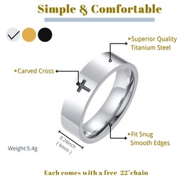 Cross Rings for Men, 18K Gold Plated Men's Stainless Steel Silver Lord Prayer Jesus Christian Religious Black Pinky Ring for Boys, Ring Size 5 to 13 with Free Chain, Stainless Steel, No Gemstone
