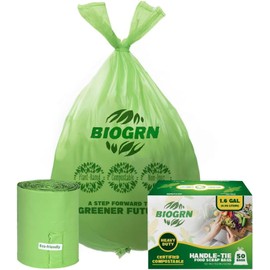 1.6 Gallon Compostable Trash Bags with Handles 50 Count, 0.6 Mil, 6.06 Liter Small Kitchen Food Scrap Waste Bag Compost Bags for Countertop Bin ASTM D6400, US BPI and OK Compost Home Certified