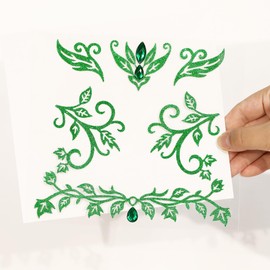 Parma77 Glitter Face Jewels, Green Floral Temporary Body Art Stickers with Rhinestone Gems, Festival Costume Makeup Accessories