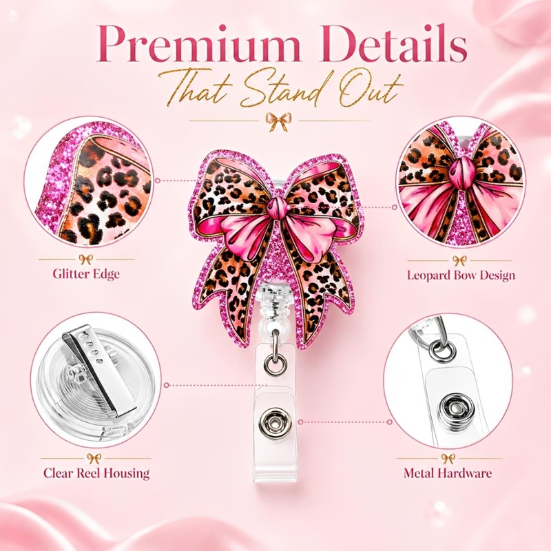 Pink Bow Badge Reel Holder Retractable ID Card Name Badge