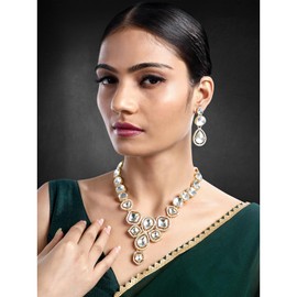 Aheli Gold Plated White Cubic Zirconia & Synthetic Stone Studded Necklace Drop Earrings Set Contemporary Jewellery Gift for Women