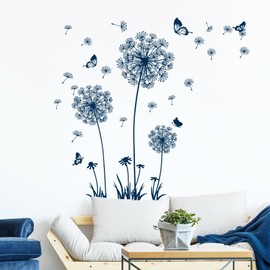 Tanlaby Blue Dandelion Wall Stickers Flower Wall Decals Butterflies Flying Wall Decors Wall Art Stickers for Bedroom Living Room Sofa Backdrop TV Wall Decoration