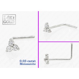 3-Stone 0.030ctw Moissanite Nose Stud - 22G Solid 14Kt Gold Nose Bone/L-Shape/Nose Screw Stud Nose Ring - April Birthstone Nose Stud, Metal, moissanite