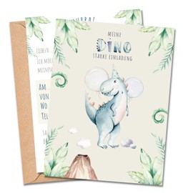 MeinBaby123® 10 Children's Birthday Invitation Cards, Boys Cute Birthday Invitations, Children’s Dinosaur Invitation Cards, Includes 10 Envelopes, Premium Quality (Dino V4)