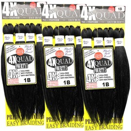 BNG Quad 4X Pre-Stretched Braiding Hair 20" for Easy Braid Professional Itch Free Synthetic Fiber 3 PACK Hair (12 bundles) (#1B Off Black)