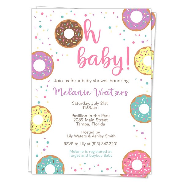 Donut Baby Shower Invitations or Sprinkle Invites Confetti Oh Baby Pink Blue Yellow Purple Doughnuts Customized Printed Cards(12 Count)
