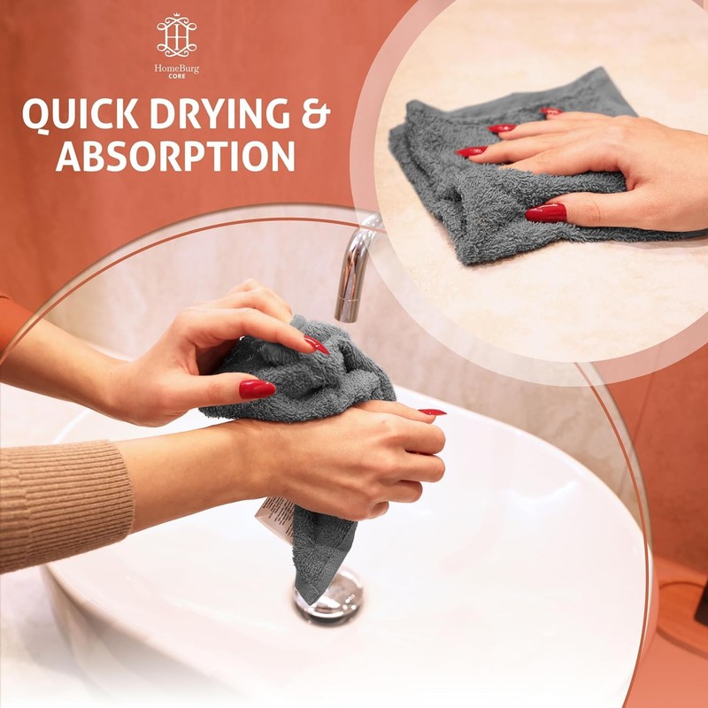 HomeBurg CORE 10-Piece Cotton Washcloths for Bathroom and Kitchen