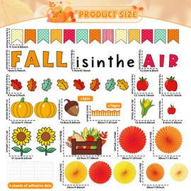 Fall Bulletin Board Decorations Fall is in The Air Classroom Decor with 3D Paper Fans Autumn Leaves Pumpkins Paper Cutouts for Class Office School Thanksgiving Harvest Chalkboard Wall Decor Supplies