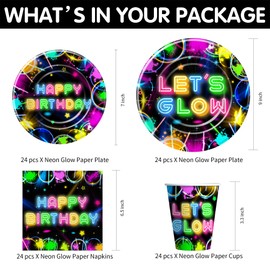 Owelleny Neon Glow Birthday Party Decorations, Glow In The Dark Party Supplies, Plate, Napkin, Cup, Tablecloth, Banner, Cutlery, Neon Graffiti Theme Birthday Table Decorations, Serves 24