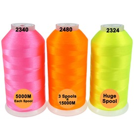 New brothread Set of 3 Neon (Fluorescent) Colours Polyester Machine Embroidery Thread Giant Spool 5000 m for All Embroidery Machines