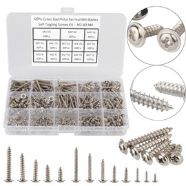 HanTof 420pcs M2 M3 M4 Phillips Truss Head/Wafer Head Self-Tapping Wood Screws,13 Sizes Pan Head with Washer Tapper Screws Assortment Kit for Wood,Plastic and Soft Metal,Nickel Plated Carbon Steel