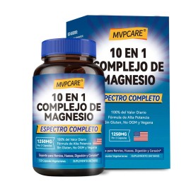 Mvpcare Suplemento Complejo De Magnesio 10 Elemental 1250mg 120 Cpsulas , Citrato, Malato, Taurato De Magnesio, Quelatado Para Fcil Absorcin Para...  
