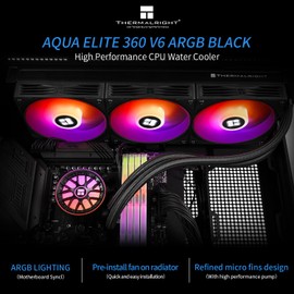 Thermalright Aqua Elite 360 V6 ARGB Black AIO CPU Cooler, ARGB PWM Cooler Fans with 2000RPM, for Intel Lga1150/1151/1155/1156/1200/2011/1700/1851, AMD: AM4/AM5, Case 360mm AIO Radiator