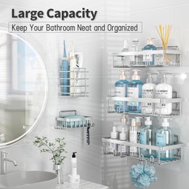 Liuoud 5 Pack Shower Caddy Organizer Rack Shelf for Inside Shower, Self Adhesive Bathroom Wall Storage Basket Rustproof Stainless Steel Large Capacity Shampoo Holder, Silver