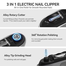 Electric Nail Clipper 3 in 1 Automatic Nail Clipper with LED Light Smart Electric Nail Clipper Automatic Quiet Nail Clipper & Trimmer Toe Nail Clipper for Seniors & Kid & People with Arthritis QL-M7