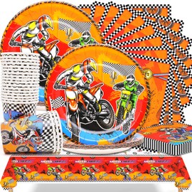 Dirt Bike Party Tableware Decorations, 61 Piece Motorcycle Decoration Birthday Set Including Dessert Plates, Cups, Napkins and Tablecloth for Motocross Party Decoration Table Decoration