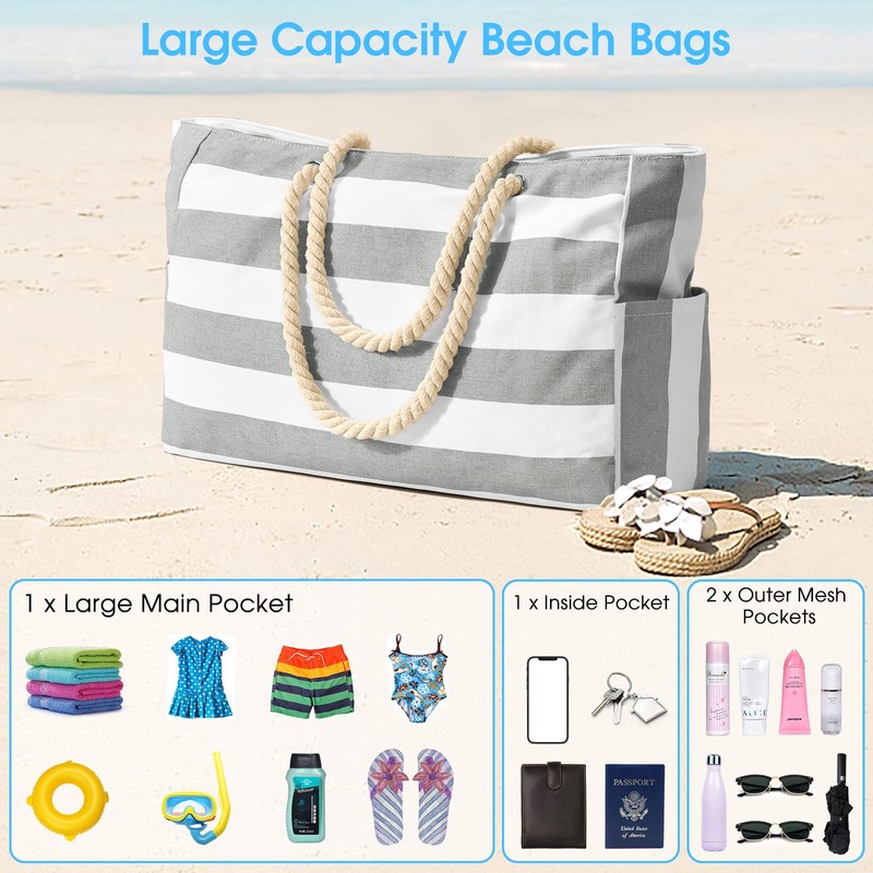 Beach Bags for Women, Large Waterproof Tote Bag with Zipper