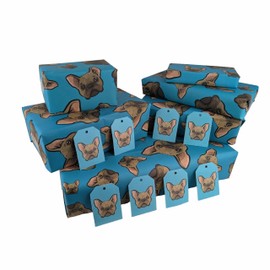 Frenchies Wrapping Paper Sheets x 5, plus 8 Gift Tags - 100% Recyclable - Eco Friendly Gift Wrap - French Bulldogs, Dog Wrapping Paper (French Bulldog on Blue)