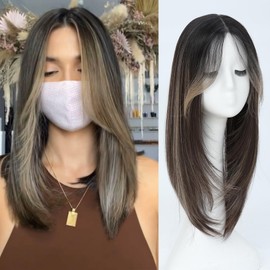 Civrie 6''×5.5'' large Hair Toppers for Women with Thinning Hair Straight Hair Topper with Bangs lace Hairpiece Synthetic Wig (Dark Brown & Medium Brown Base with Light Golden Blonde Highlights)