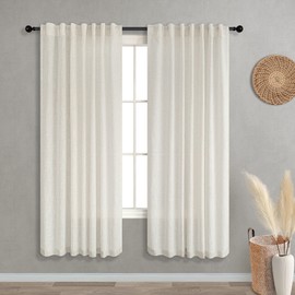 KOUFALL Cortinas de lino natural de 63 pulgadas de largo, 2 paneles para recámara, cortinas transparentes para ventana de sala de estar, juego de cortinas con bolsillo para barra y pestaña trasera, 52 x 63 pulgadas de largo, beige crema