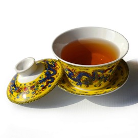Gaiwan Tea Cup Chinese Dargon Sancai Cover Bowl Lip Coaster Set for Gongfu Tea (Yellow)