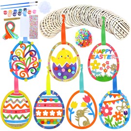 35PCS Wooden Easter Ornaments to Paint Easter Decorations DIY Unfinished Wood Slices Eggs Craft Kits with Pom-Poms Diomand Easter Wooden Hanging Ornaments for Spring Party Activity Art Project