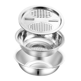 Folpus 3 in 1 Drain Basket Vegetable Cutter Stainless Steel Basin with Grater Vegetable Washing Strainer Bowl for Fruits Potatoes