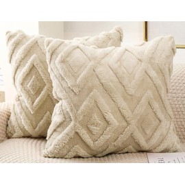 DRNOU Set of 2 Faux Fur Beige Throw Pillow Covers 16x16,Soft Checkborad Pattern Decorative Boho Pillow Cover Case Cushion Cover for Sofa Couch Bed Livingroom Farmhouse,Modern Accent