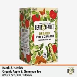 Heath & Heather Organic Apple and Cinnamon Teabags (6 Packs of 20, Total 120) Individually Wrapped Caffeine-Free Herbal Tea Infusions