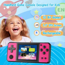 TEBIYOU 32 Bit Handheld Games for Kids Built-in 139 Video Games, 3.0" IPS Screen Rechargeable Travel Toys for Ages 4-13, Mini Electronic Gaming Player Xmas Birthday Gifts for Boys Girls (Rose Red)