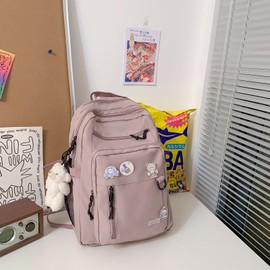 GAXOS Cute Aesthetic Backpack for School Middle Student Travel Pink Backpack Teens Girls Bear Pin Book Bags