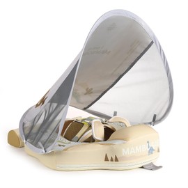 GENTEACO Mambobaby Baby Pool Float with Removable Canopy 3-24 Months Baby Float Soft Waterproof Infant Swim Float Add Tail Avoid Flip Skin-Friendly Material Swim Trainer for Toddler Boys Girls (Beige)