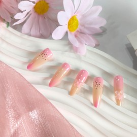 3D Flower Press on Nails Long Almond Fake Nails Gradient Pink Glue on Nails with Peach Blossom Designs Stiletto False Nails Glossy Acrylic Nails Cute Flower Stick on Nails for Coquette Women 30 Pcs