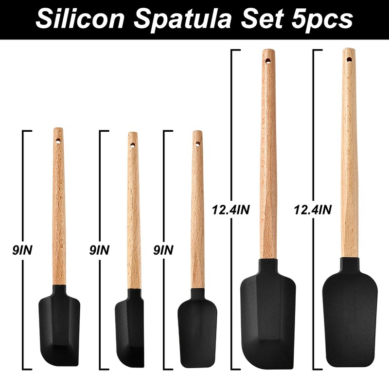 Black Silicone Spatula Set, Food Grade Rubber Spatula-5 Piece Nonstick