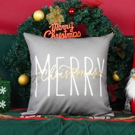 ONWAY Christmas Pillow Cover 18x18 Inch Merry Christmas Gold Grey Decorative Throw Pillows Farmhouse Winter Holiday Decor Cushion Case for Sofa Couch Home Decorations