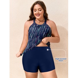 SOTHEA Women Plus Size Tankini Swimsuits with Shorts Tummy Control Two Piece Blouson Bathing Suits High Neck Swimwear