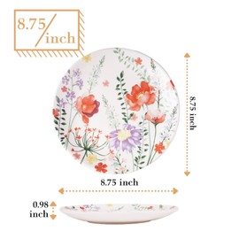 Sonemone Poppy Flowers Salad Plates, 8.75 inch Round Ceramic Plates Set of 4, for Salad, Scratch Resistant, Microwave & Dishwasher Safe