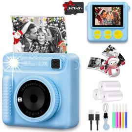 Kid's Portable Instant Print Camera with 32G Card & 1080p Video, Color Pens for DIY, Toddler Portable Travel Camera Toy for 3 4 5 6 7 8 9 10 Year Old Boys & Girls Birthday Gifts (Blue)