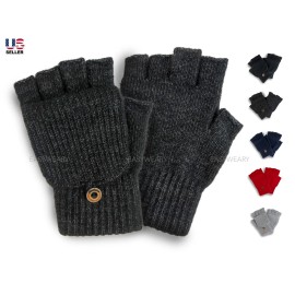 Easyweary Men Women Winter Thermal Knitted Convertible Mittens Flap Fingerless Gloves - Black